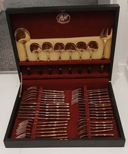 Vintage 44 piece Cutlery Set in strong dark wooden canteen c/w red velvet lining