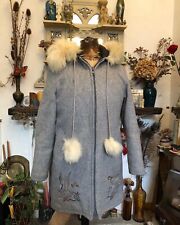 Vintage Northern Sun Canadian grey wool Embroidered Duck Inuit Coat Fur Trim S