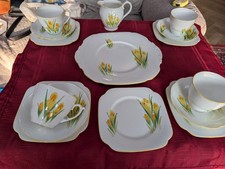 vintage Roslyn Bone China Tea Set Plate & milk jug art deco crocus hand painted