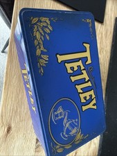 Vintage Tetley Tea Tin 1980's Blue & Gold 10" x 6" x 4"