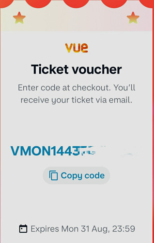 Vue cinema ticket - cinema, code
