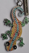 Vintage Keyring Silver Metal bling Key ? coloured Gecko lizard Benidorm Spain 