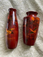 Vintage Wooden Hand Painted Vase Maroon sunset Bamboo Asian Bamboo Stork