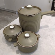 Denby Chevron Dark Green Soup Pot & Two Lidded Soup Bowls.