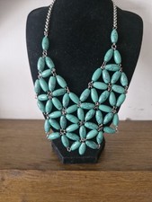Turquoise Colour Stone Bib Floral Necklace On A Silver Tone Chain