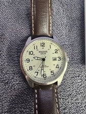 PULSAR AS32 SOLAR MILITARY FIELD OFFICER STYLE WATCH - BROWN LEATHER  STRAP