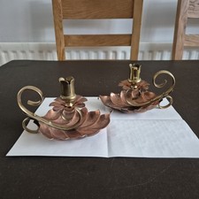 Attributed To WAS BENSON A Pair Of Quality Copper And Brass Leaf Chambersticks
