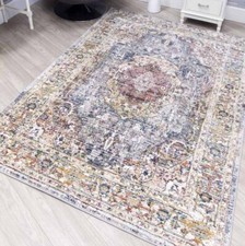 Vintage Rugs Distressed High End Modern Rug Faded Multi Coloured Medallion Mat