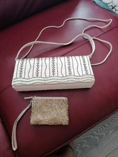 Ivory Satin Beaded Sequin Clutch, Top handle, Shoulder Evening Bag & Purse