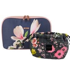 Ted Baker Large Pink Blue Floral Make-Up Beauty Cosmetic Toiletries Bag Set 