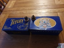 VINTAGE TETLEY TEA METAL TINS BLUE x 2 and 2 MINI FIGURES 1997 OWL AND PUFFIN