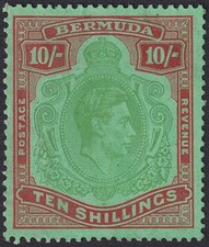 Bermuda 1943 KGVI 10sh Yellowish Green + Deep Red on Green p14 Mint SG119c c£70