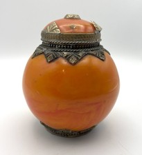 Tibetan/Nepalese Ornate Amber Resin And Brass Lidded Jar