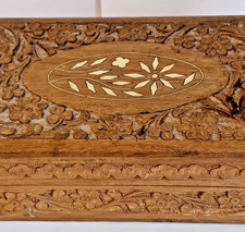 Beautiful Hand Carved Wooden Storage Box, Carved Flower Detail & Inlay