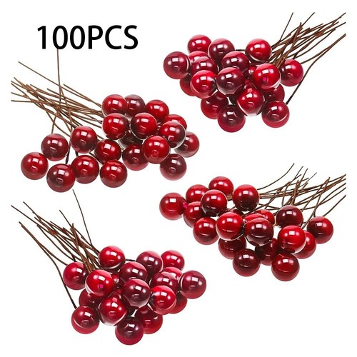 100x red berries - red, artificial