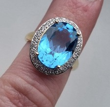 9ct Yellow Gold Hallmarked Blue Topaz & Diamond Halo Ring Large 4.7g M-M-1/2