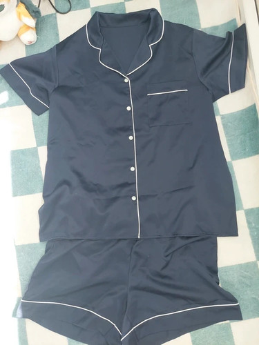 Satin navy pajamas set - satin,