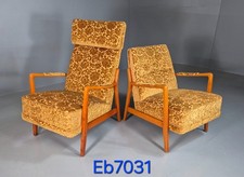 2 Vintage 1960s Swedish Lounge Chairs Gold Floral Moquette Beech MCM EB7031 MNOR