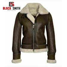 Women Aviator RAF B3 Sheepskin Real Leather Jacket Shearling Fur Bomber Coat