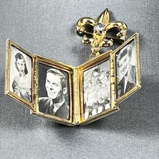 Coro Gold Tone Fleur de Lis Rhinestone Folding 4 Photo Locket Brooch Enamel