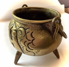 Brass Three-Legged  Cauldron With Witch On Broomstick And Witches By A Cauldron
