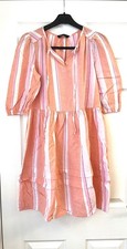 M&S Collection Boho Chic Dress Coral Mix Stripes Linen blend size 10