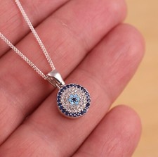 Solid 925 Sterling Silver CZ Evil Eye Lucky Pendant Necklace Chain Gift Boxed