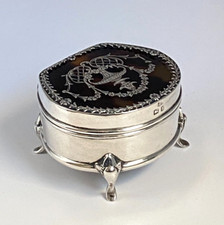Antique 1907 Silver Inlaid Faux Tortoiseshell Lid Jewellery Ring Trinket Box