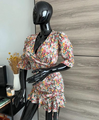 Floral ruffle dress wrap neck - dress,