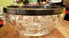 CUT GLASS BOWL WITH SILVER PLATE METAL LIP SALAD SWEETS TRIFLE DISH DECORATIVE
