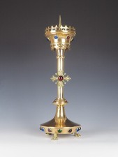 Antique Brass Gothic Revival Church Candle Holder with Cabochon