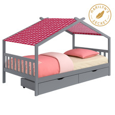 Children’s Single House Bed – Grey Frame + Red Canopy + Storage – Pick Up London