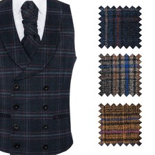 Plaid Lapel Wool Waistcoat Double Breasted Shawl 8 Button Overcheck Tailored