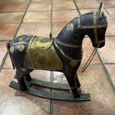 Vintage War Horse Rocking Horse Statue Wood & Brass Metal Ornate Decor Mascot