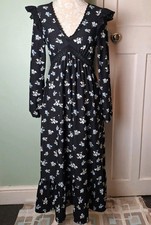 Miss Selfridge Black Floral Long Sleeve V-Neck Maxi Dress - Size 8