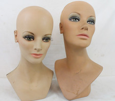 2 Vintage Fiberglass Mannequin Head Wig Painted Eyes Halloween Bust Eyelashes