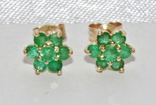 9ct Yellow Gold Emerald Ladies Cluster Stud Earrings -