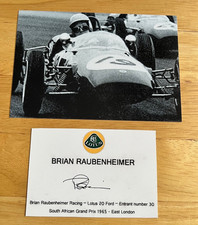 Brian Raubenheimer hand signed Lotus card 11x7cm + 1965 Lotus 20 unsigned photo