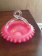 VICTORIAN Cranberry on White GLASS BASKET with PONTIL and CLEAR HANDLE