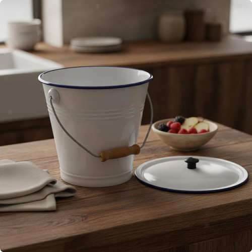 Tapered enamel bucket with - with, lid
