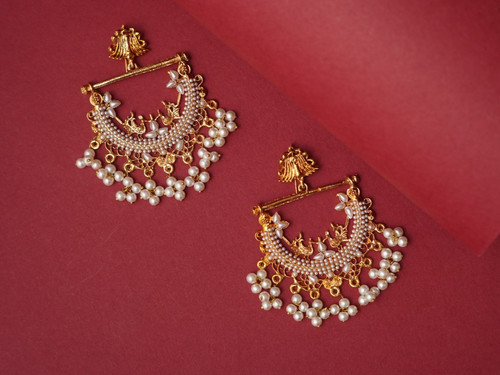 Gold pearl chandbali earrings - gold,