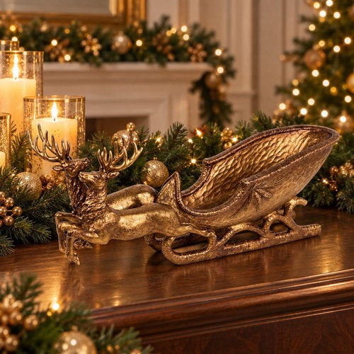 Large bronze reindeer sleigh - large,