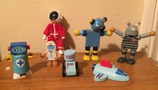 Vintage Wooden Toy Figures Space Spaceman Robot Wind Up Bundle Lot