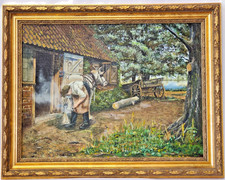 Farriers at a Stable by J Durrans 1997 Vintage Framed Painting Sheffield 58x73cm
