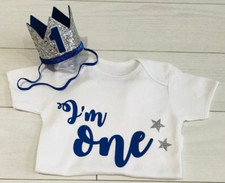 Baby Boys Cake Smash Outfit Set First 1st Birthday Blue Crown One Hat & Top Vest