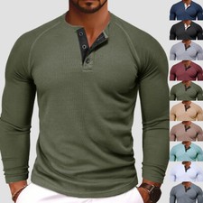 Mens Ribbed Henley Shirts Long