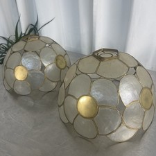 Vintage Pair Of Capiz Shell Lampshades Pendant Light Shades 1950s X2 Excellent