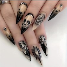 24pcs Halloween Black And White Skull Rose Almond False Press On Nails