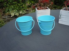 2 Blue Small Metal Buckets Flower/Plant Pot/Sweet Tin 11cm high 11cm across rim
