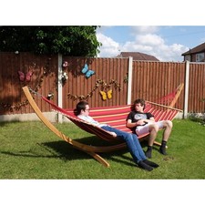 Outdoor Swing Hammock with Wooden Stand, 2 Persons Garden Patio Hanging Bed-Red